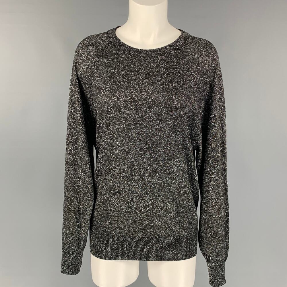 Size XS Black & Silver Metallic Acetate Blend Crew-Neck Pullover